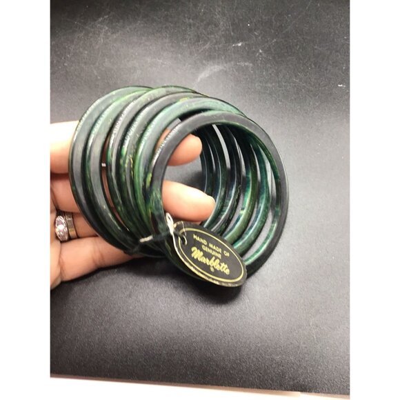 Vintage Bakelite Bangles Dark Green Swirled Genuine Marbled New Old Stock w Tag - Picture 3 of 6